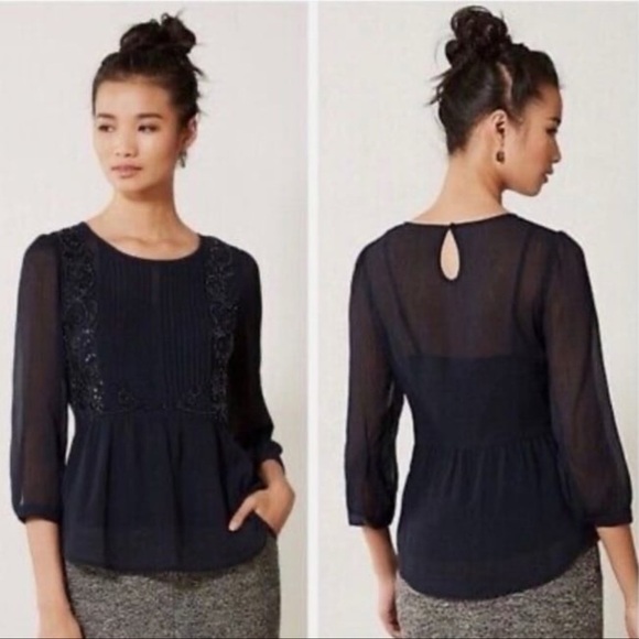 Maeve Anthropologie Helene Embellished Navy Blue Peplum Blouse - Picture 1 of 4